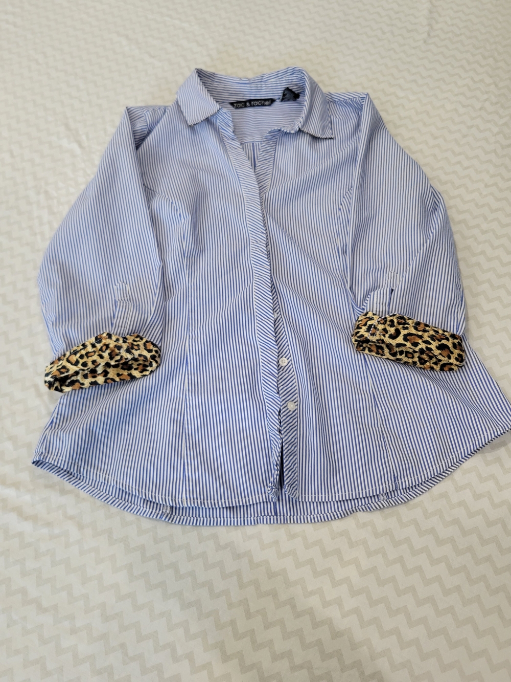 Zac & Rachel Blue White Pinstripe Button-Down with Leopard Cuffs